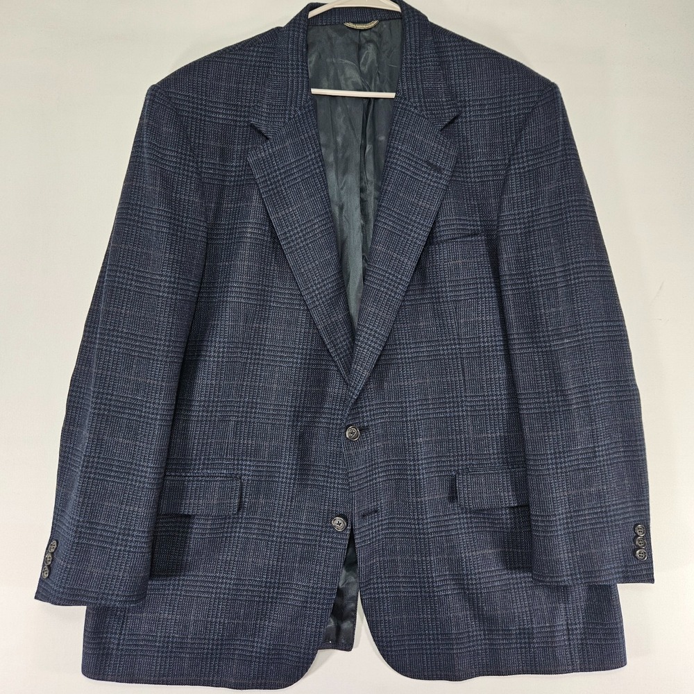 VTG Stafford Men's Flannel Sport Coat Blazer Two Button Navy Plaid Wool 48R